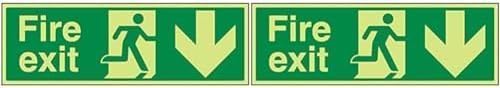 VSafety Glow In The Dark Fire Exit Arrow Down Sign - 450mm x 150mm - Rigid Plastic (Pack of 2) — image 1