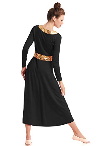 HIHCBF Women Long Sleeve Praise Dress Liturgical Metallic Waistband Full Length Wide Swing Loose Fit Worship Dancewear Black XL