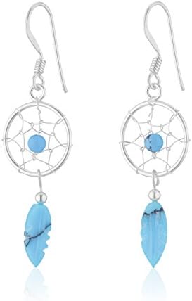 Turquoise Feather Dream Catcher Earrings 925 Sterling Silver Hook Clasp Earrings