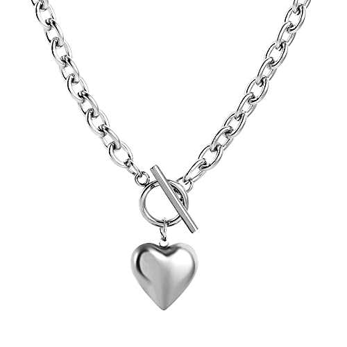 HZMAN Women Stainless Steel Multilayer Necklace Heart Pendant Dog Tag Pendant Chunky Cuban Chain Link Toggle Clasp Necklace