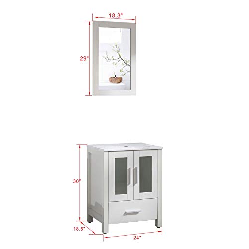 Homecart 24" White Bathroom Vanity Cabinet with Marble Pattern Top Vessel Sink Mirror Faucet and Drain - Thumbnail 2