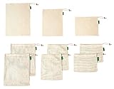 Premium Reusable Produce Bags | Zero Waste Green Bags | Organic Cotton is Washable& Durable | Mesh and Bulk Bags with tare weight | Set of 9 | Large Medium Small