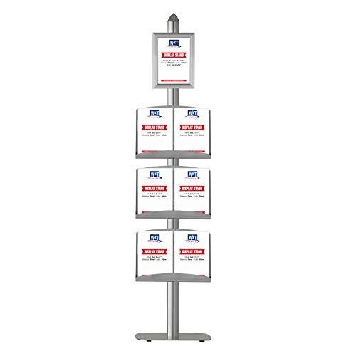 Free-Standing Poster Display Stand with Literature Racks, 8.5x11 Inch Poster Size Snap Open Frame with 3 Steel Literature Shelves (Silver)