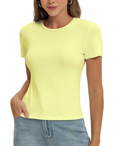 Damen Basic T-Shirt Y2K Slim Fit Oberteile Elegant Stretch Unterziehshirt Einfarbiges Top(Hell Gelb-F1,S)