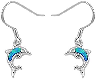 Blue Created Opal Dolphine Dangle .925 Sterling Silver Earrings