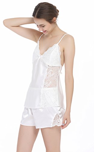 PEILYLEN Women Sexy Satin Silk Lingerie Pajamas Set Lace Sleepwear Side leakage Nightgown