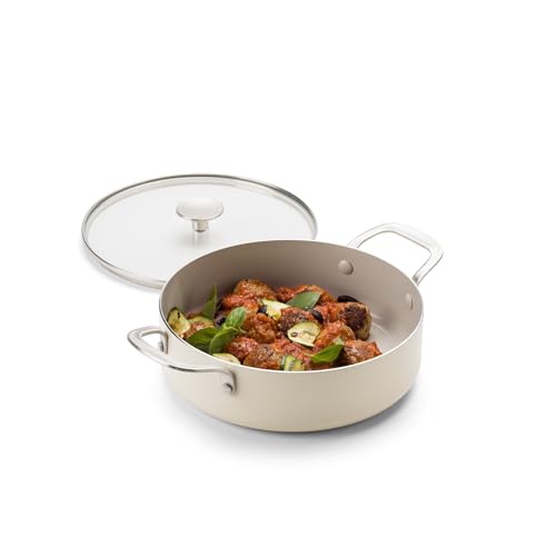 KitchenAid Aluminium Ceramic Non-Stick Saute Pan with Glass Lid and Auxiliary Handle, 28 cm / 4.28 L, PFAS-Free, Induction Safe, Stainless Steel Handle, Oven Safe, Dishwasher Safe, Cream White