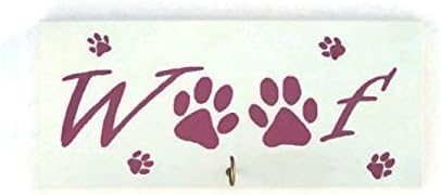 5.5 x 14 inch Woof Dog Leash Hanger with Hook and Paw Prints on Recycled Wood