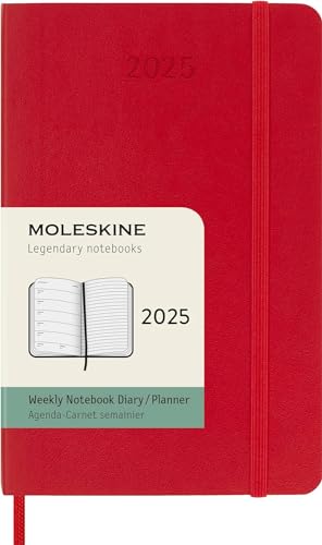 Moleskine Weekly Planner, Agenda Settimanale con Spazio per Note 12 Mesi 2025, Copertina Morbida e Chiusura Elastica, Colore Rosso Scarlatto, Formato Pocket 9x14 cm