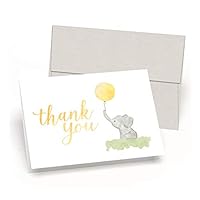 Beautiful Baby Shower Thank You Cards (Set of 10 Cards + Envelopes) - Watercolor Elephant & Yellow Balloon - by Palmer Street Press