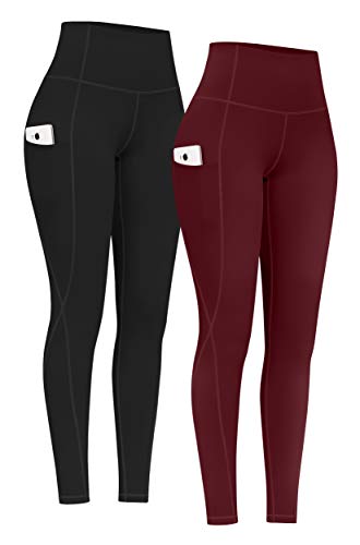 PHISOCKAT 2 Pack High Waist Yoga Pants with Pockets, Tummy Control Yoga Pants for Women, Workout 4 Way Stretch Yoga Leggings (Black+Wine, Medium)
