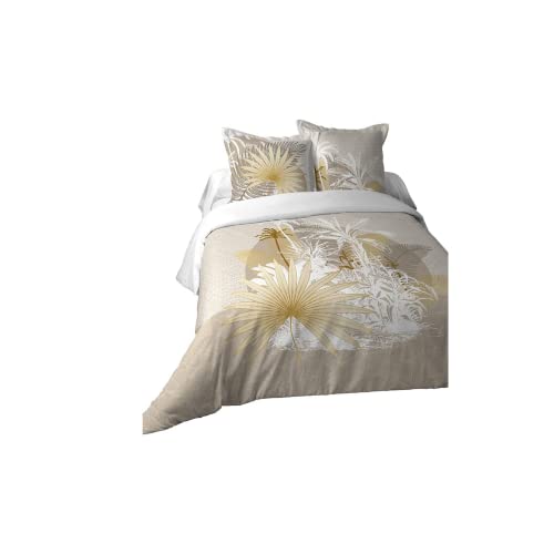 Stof - Housse de Couette Maldives 240 x 220 cm et 2 taies d'oreiller 63 x 63 cm - 100% Coton 57 Fils, certifiée Oekotex, Naturel, Palmier, Voyage, Jaune, Or