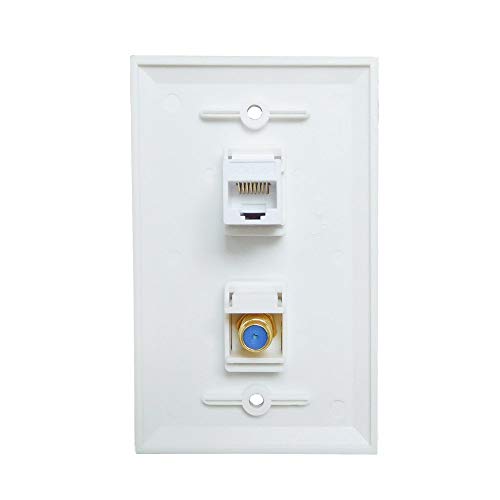 ESYLink AL304 Ethernet Coax Wall Plate - Cat6 Coax Wall Plate with 1 Ethernet Port + 1 TV Coax Cable/F-Type Connector - White