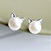 CARLWAY Cute Cat Earrings Sterling Silver Plated Imitation Pearl Stud Earrings for Women Girls