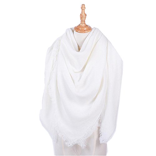 Stylish Warm Cape Chunky Blanket Stripe Scarf Soft Oversized Shawl Scottish Wrap Plaid Blanket with Tassels, One Size(140*140 CM), White