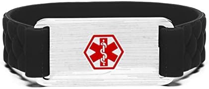 Medical Alert ID Bracelet Sports Silicone Wristband Stainless Steel Emergency ID Bangle Black,Free Engraving