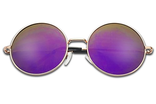 55mm Large Circular Retro Round Flat Mirrored Hippie Circle Sun Glasses (Rose Gold/Purple Lens, 55)