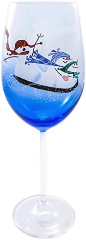 Snowfolks Stemware Collection, Winter Blizzard Thrilling Sled Ride for 3 Cute and Funny Snowmen, 20 Ounce Large, Unique Painted Wine Glass Design Decorated with Snowflakes, Cobalt Blue Glassware