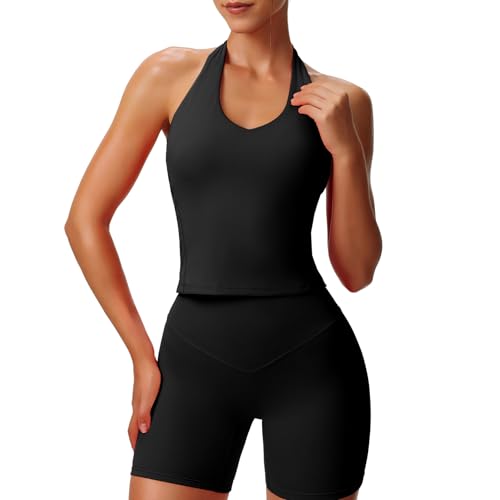 Aoxjox Women's Sleeveless Hailey Halter Tank Tops Workout Athletics Gym Yoga Curve Longline Crop Top