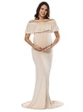 JustVH Women's Off Shoulder Ruffles Maternity Slim Fit Gown Maxi Photography Dress,Beige,Large
