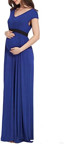 Ruici Maternity V Neck Cap Sleeve Slim Fitted Long Maxi Dress with Whole Tummy Band