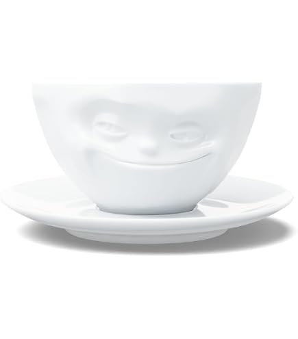 FIFTYEIGHT PRODUCTS TASSEN Porcelain Coffee Cup with Saucer, Tasty Face Edition, 6.5 oz. White (Single Cup & Saucer): Cup & Saucer Sets