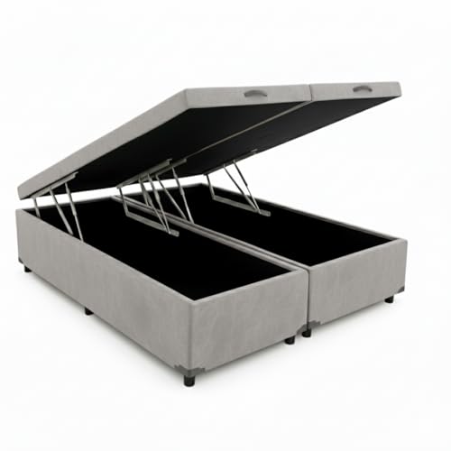 Cama Box Baú Queen Bipartido 79, Blindado, Pistão á Gás, Pés de Madeira (Corino, Cinza)