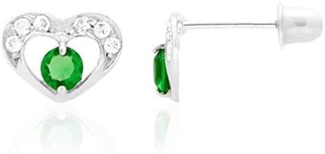 14k Yellow Gold White Gold CZ Birthstone Heart Screw Back Earrings, Emerald, White Gold
