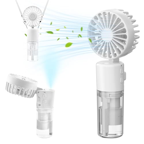TERRIFI Mini Handheld Fan with Water Mist Spray - USB Rechargeable Portable Fan with 4 Speeds, Folding Design, and 55ml Water Bottle - Powerful Travel Desk Fan for Holiday, White