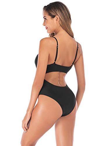 Agreya Women\'s high Slit Halter Back one-Piece Swimsuit (Black, L)