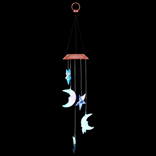 Gotian LED Solar Wind Chimes Outdoor Waterproof LED Changing Light Color Moon and Stars Wind Chime, Great for Brightening and Embellishing Your Balcony, Garden and Child Room