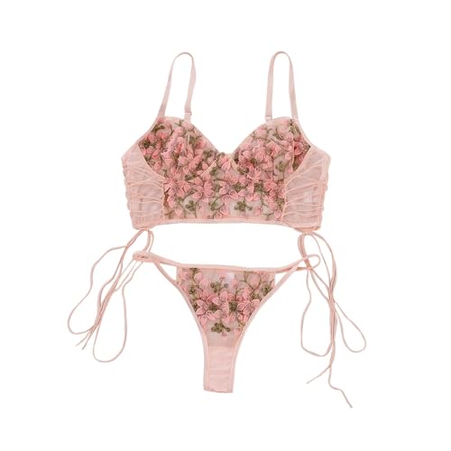Lilosy Women Sexy Lace Up Mesh Sheer Floral Embroidered Teddy Babydoll Lingerie Bra Panty 2 Piece See Through Pink Medium