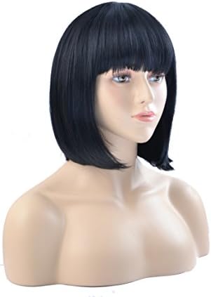 MeriCino Short Bob Black Wigs with Flat Bangs 14" Straight Synthetic Wig Cosplay Daily Party Wig for Women Natural Hair Wigs with Wig Cap