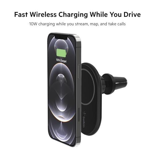 Belkin MagSafe-Compatible Magnetic Wireless Car Charger 10W - BoostCharge Pro Wireless Charger, Magnetic Car Vent Phone Mount for iPhone 16, iPhone 15, 14, & 13 Series - Black