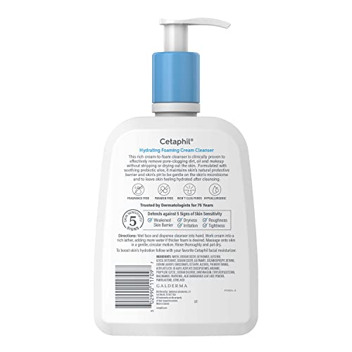 CETAPHIL CREAM TO FOAM FACE WASH, HYDRATING FOAMING CREAM CLEANSER, 16 OZ, FOR NORMAL TO DRY, SENSITIVE SKIN, WITH SOOTHING PREBIOTIC ALOE, HYPOALLERGENIC, FRAGRANCE FREE