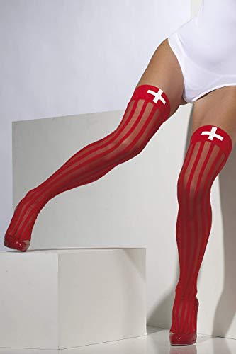Fever Women’s Sheer Hold-Ups with Vertical Stripes, Red with White Cross Print, One Size,5020570427644