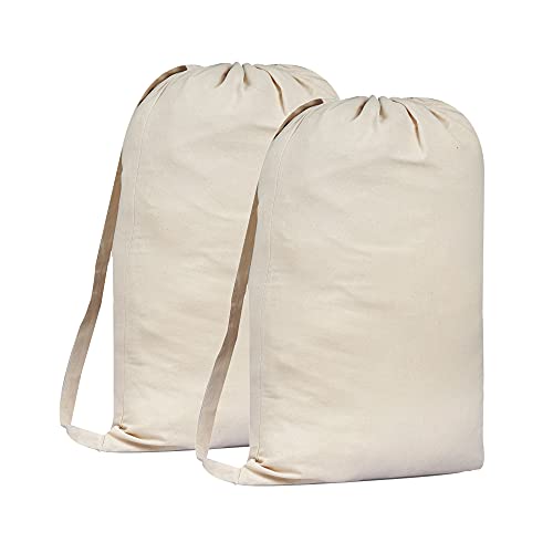 Sweet Needle 2 Pack Premium Canvas Laundry Bags with Shoulder Strap, 29.5" x 22", 40L - 100% Cotton, Woven Fabric, Durable, Drawstring with Lock, Machine Washable