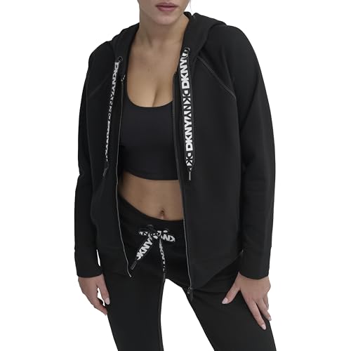 DKNY Sudadera con Capucha de Forro Polar con cordĂłn y Cremallera Completa para Mujer, Negro, S