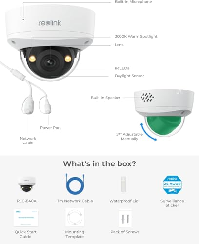 REOLINK 4K/8MP PoE IP Security Camera, Turret Surveillance, Color Night Vision with 3000K Spotlights, 125° Wide Viewing Angle, IK10 Vandal Proof, Person/Vehicle/Pet Detection, RLC-840A