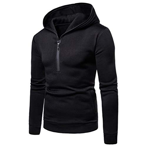 Danhjin Mens Solid Color Cotton Blend Zipper Pullover Long Sleeve Hooded Half Zip Sweatshirt Windproof Tops Blouse (Black, XXXL)