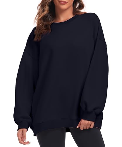 Oversized Sweatshirt for Women Crew Neck Fleece Sweatshirt Casual Long Sleeve Pullover Tops Trendy Clothes Navy Blue