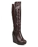 Breckelles DE11 Women Knee High Leatherette Platform Zip Wedge Boot - Brown