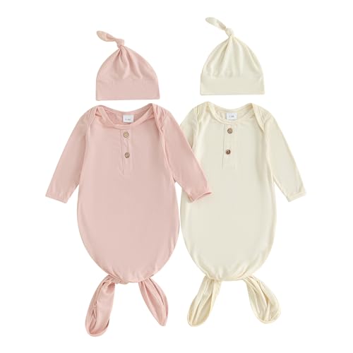 Photo 1 of Newborn Knotted Gown 2 Pack Plain Sleeper for Baby Boy Girl Coming Home Outfit (Cream&Pink,0-3 Months)