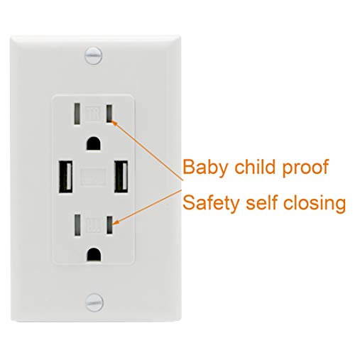 KULED Outlet with USB High Speed Charger 4.8A Charging Capability, Child Proof Safety Duplex Receptacle 15 Amp, Tamper Resistant Wall Socket Plate Included UL Listed KT48, White