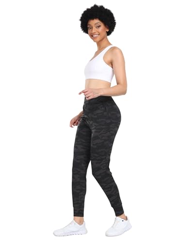 WHOUARE WOMEN’S JOGGERS PANTS WORKOUT ATHLETIC LEGGINGS WITH POCKETS HIGH WAISTED GYM RUNNING YOGA PANTS CAMO GRAY-L