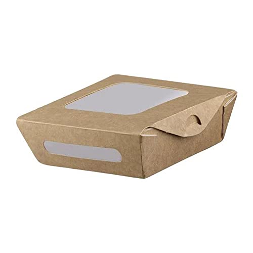 Intertan QDW500 Kraftpapier Rechteckig Behälter mit Doppeltem rPET Fenster, Naturfarbe, 500ml Kapazität, 12cm Länge, 12cm Breite, 4cm Höhe, 50 Stück