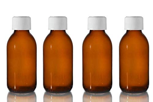 This Health 150ml Amber Glass Bottles with white Medicap lids ~ Pack of 4 ~ Child resistant closure, refillable, reusable, and travel sized strong medicine bottle.