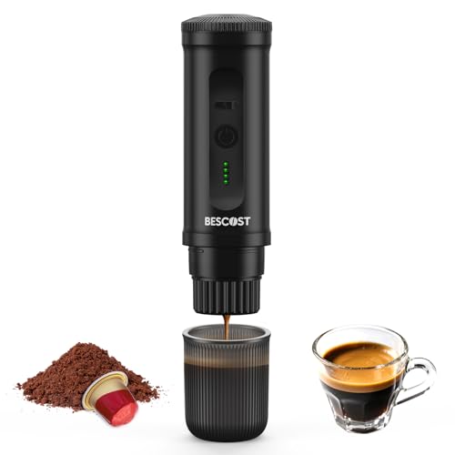 BESCOST Portable Coffee Maker, 2 in 1 Portable Coffee Maker Compatible with Espresso Capsules and Coffee Powder, 9600mAh 20 Bars, Rechargeable for Travel, Camping, Car, Home