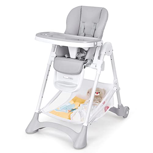 BABY JOY High Chair for Babies & Toddlers, Quick Folding Baby Highchair w/ 2 Lockable Wheels, Large Storage Basket, Removable Double Trays, Detachable PU, Adjustable Height,Backrest & Footrest (Gray)