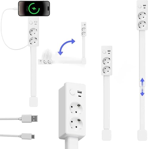 Extendable and Swivel Wall Plug with USB-A, USB-C and 2 Outlets - Ideal for tight corners such as bedside tables, sofas and desks.